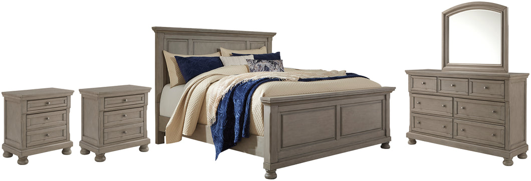 Lettner King Panel Bed with Mirrored Dresser and 2 Nightstands