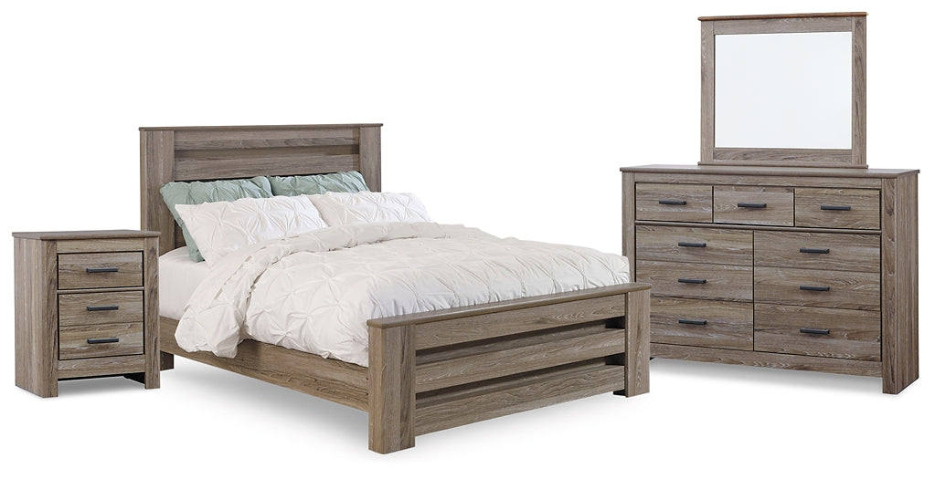 Zelen Queen Panel Bed with Mirrored Dresser and Nightstand